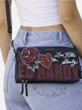 Ed Hardy Love Kills Slowly Black Red Rhinestone Clutch Crossbody Bag Rose Black
